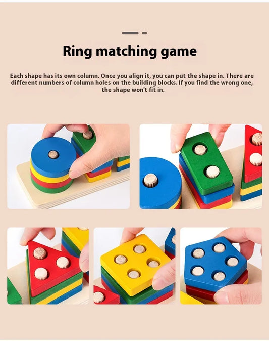 TROPELA Montessori Geometric Shape Column Matching Wooden Building Blocks Set™