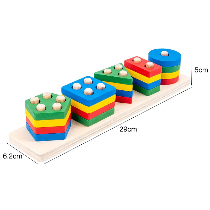 Montessori Geometric Shape Column Matching Wooden Building Blocks Set