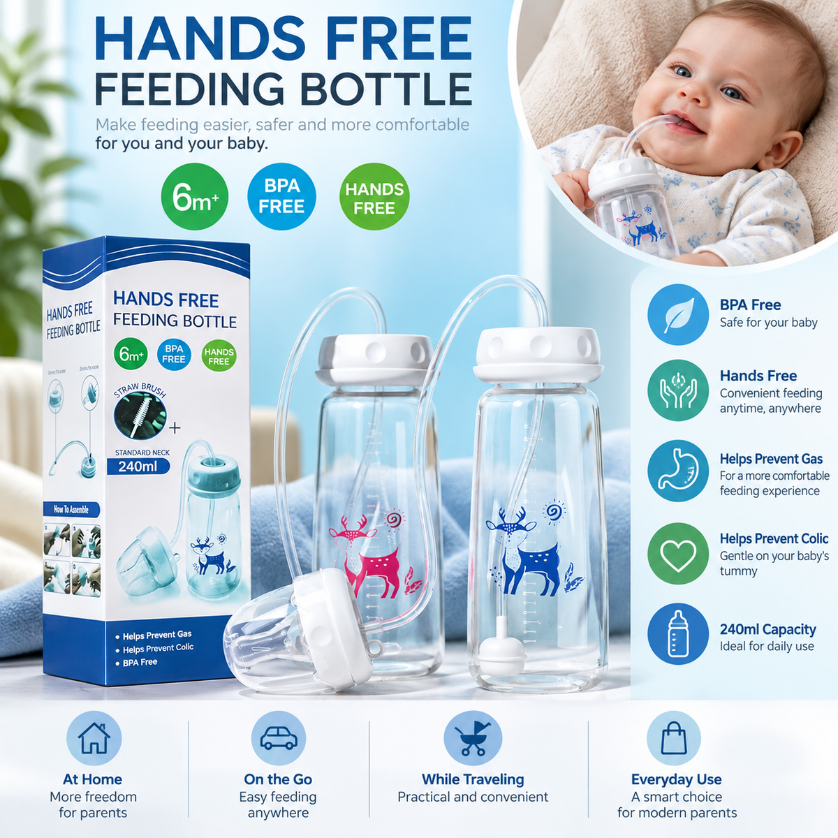 TROPELA Hands-Free Baby Feeding Bottle – 240ml Self-Feeding