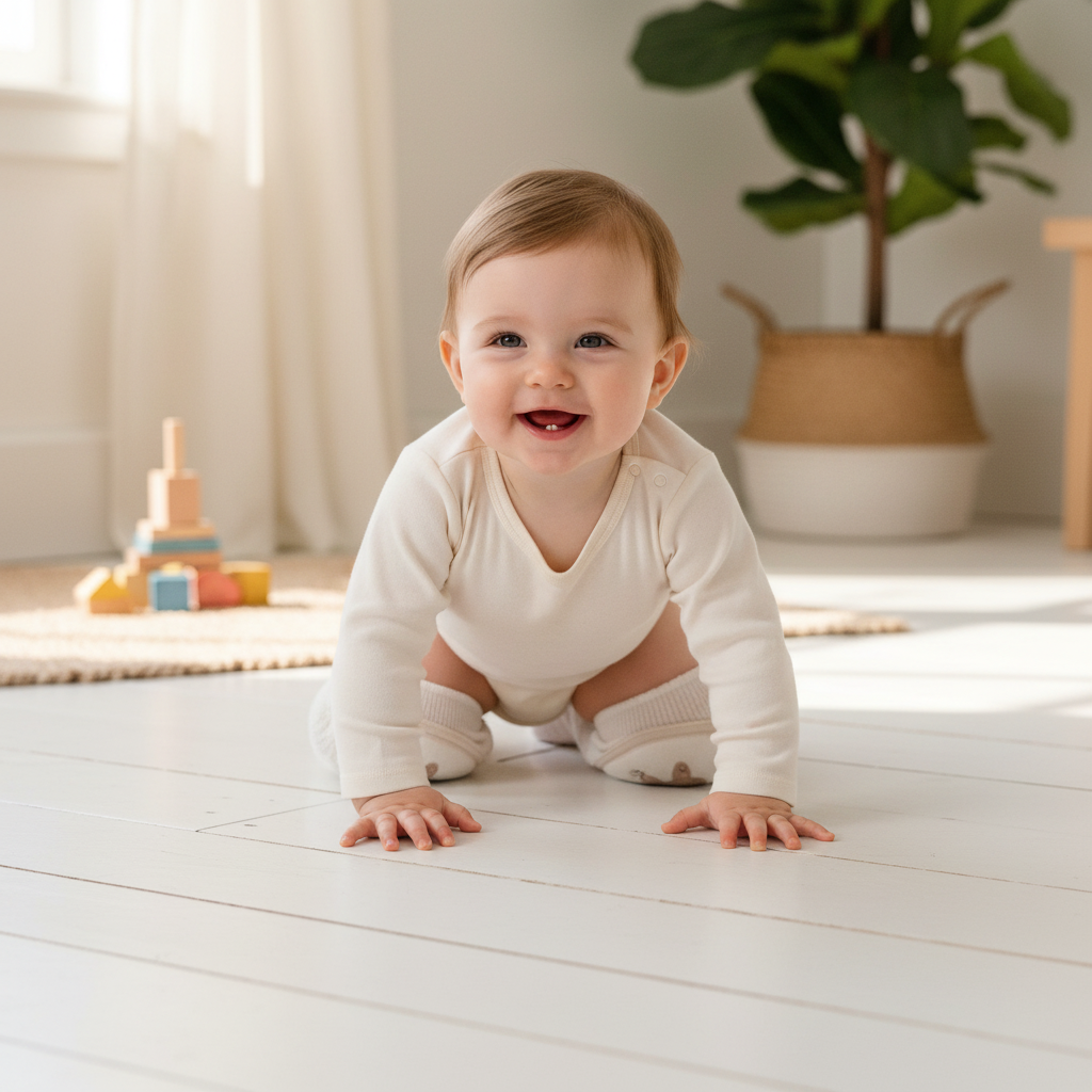 Baby wearing TROPELA knee pads while crawling on wooden floor