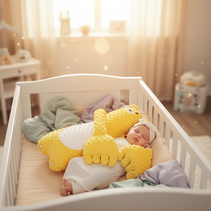 TROPELA baby sleep soothing pillow next to peacefully sleeping newborn in crib